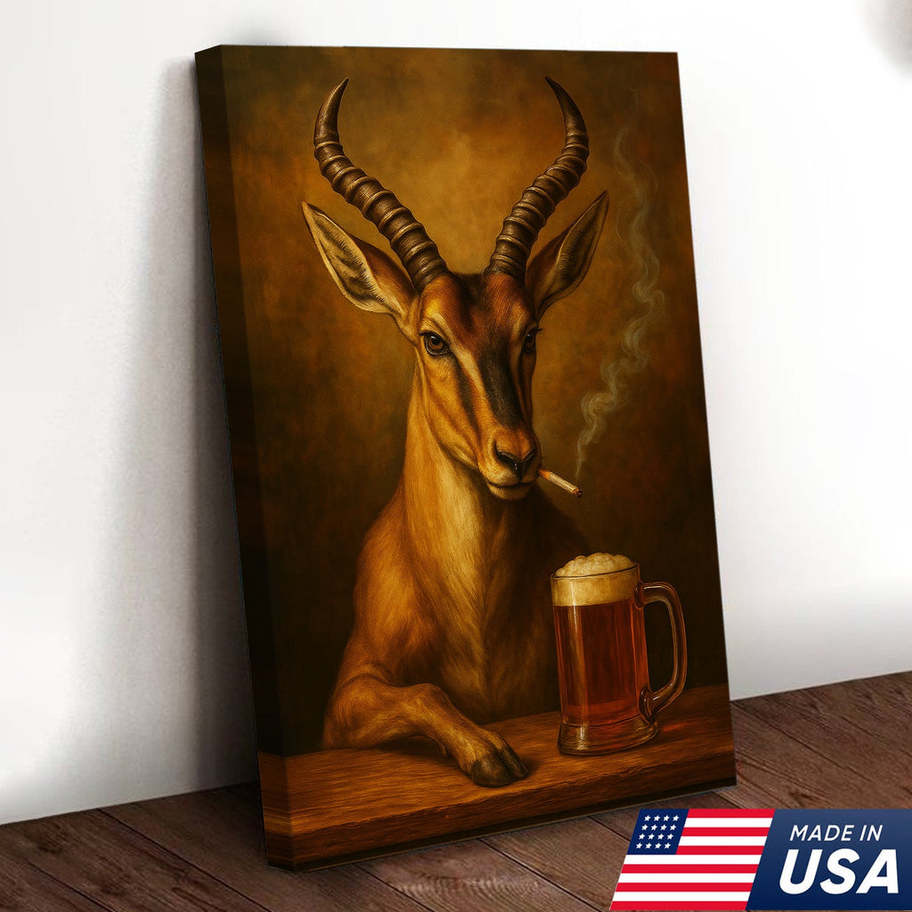Funny Antelope Smoking & Beer Canvas Wall Art - Hunting Perfect Gift for Hunters