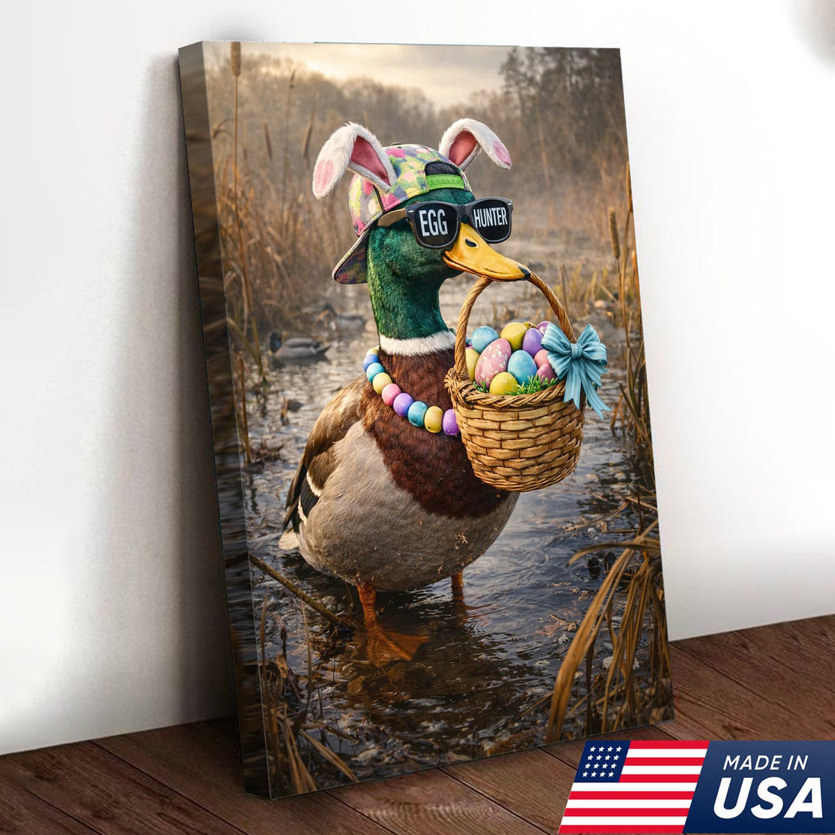 Funny Easter Duck Canvas Wall Art, Egg Hunter Mallard with Basket Portrait