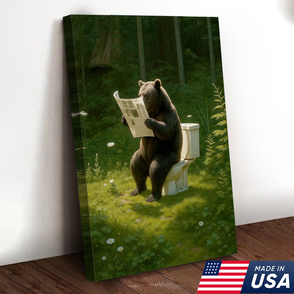 Bear on Toilet Reading Newspaper Canvas Wall Art, Funny Bathroom Decor for Cabin & Lodge