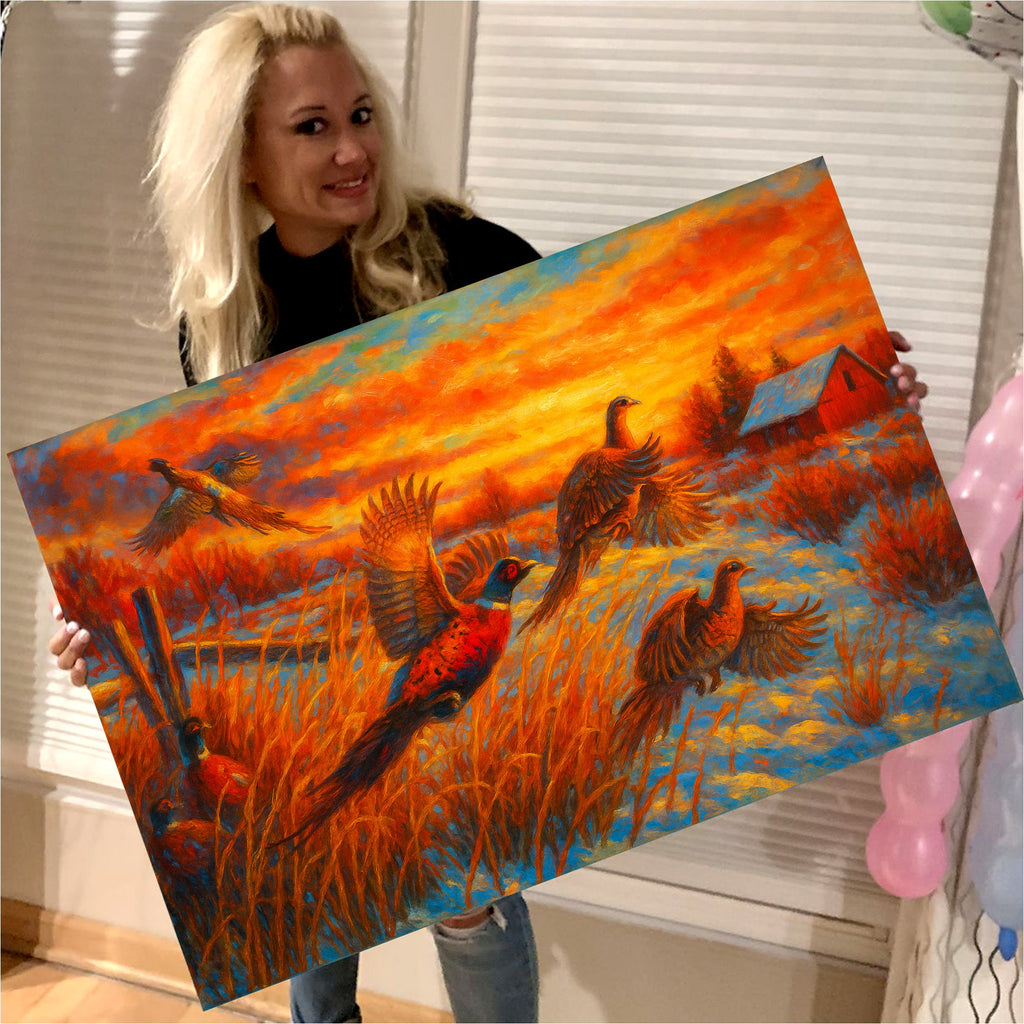 Flying Pheasants Sunset Canvas Wall Art – Rustic Hunting Cabin Decor for Nature Lovers
