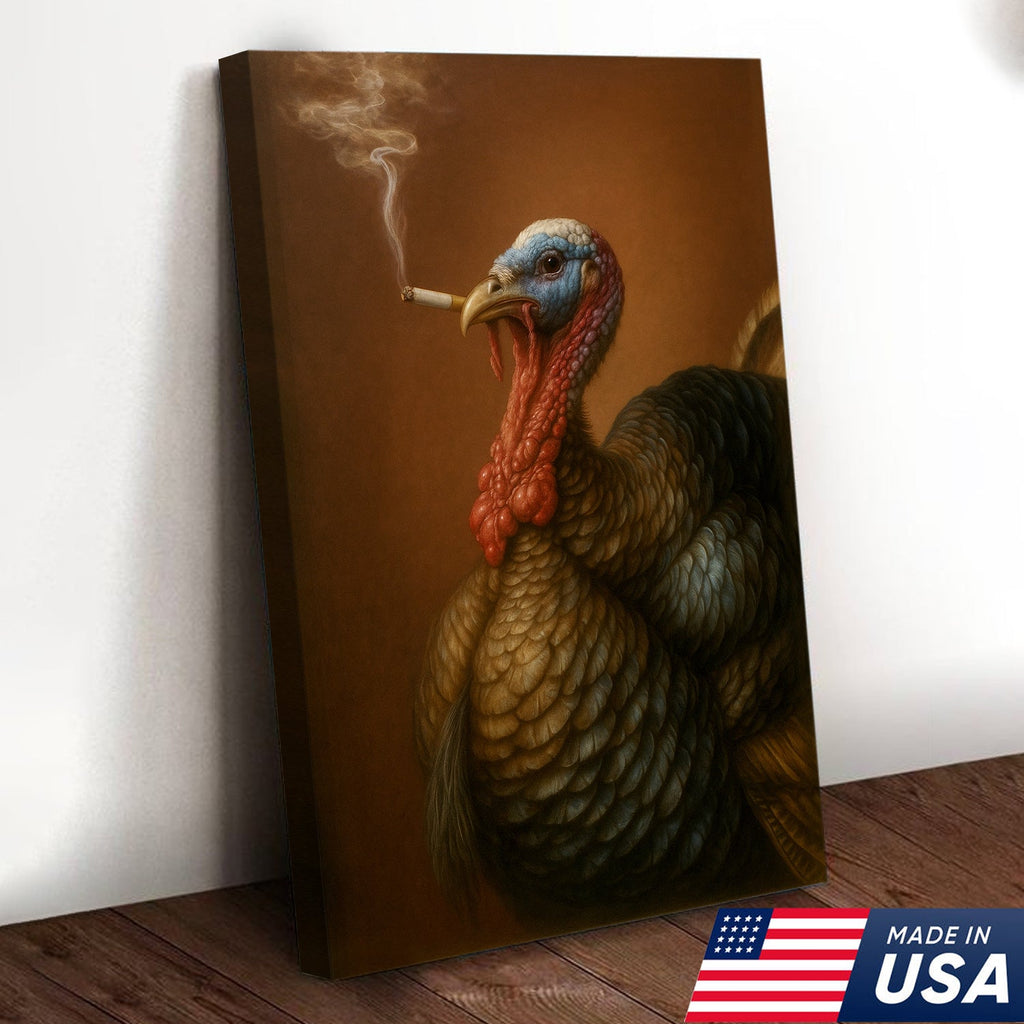 Funny Turkey Smoking Canvas Wall Art – Rustic Farmhouse Gift for Hunters & Wildlife Lovers