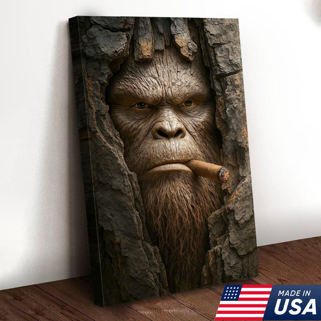 Bigfoot in the Woods Canvas Wall Art, Funny Sasquatch Portrait Artwork, Rustic Cabin Decor for Men