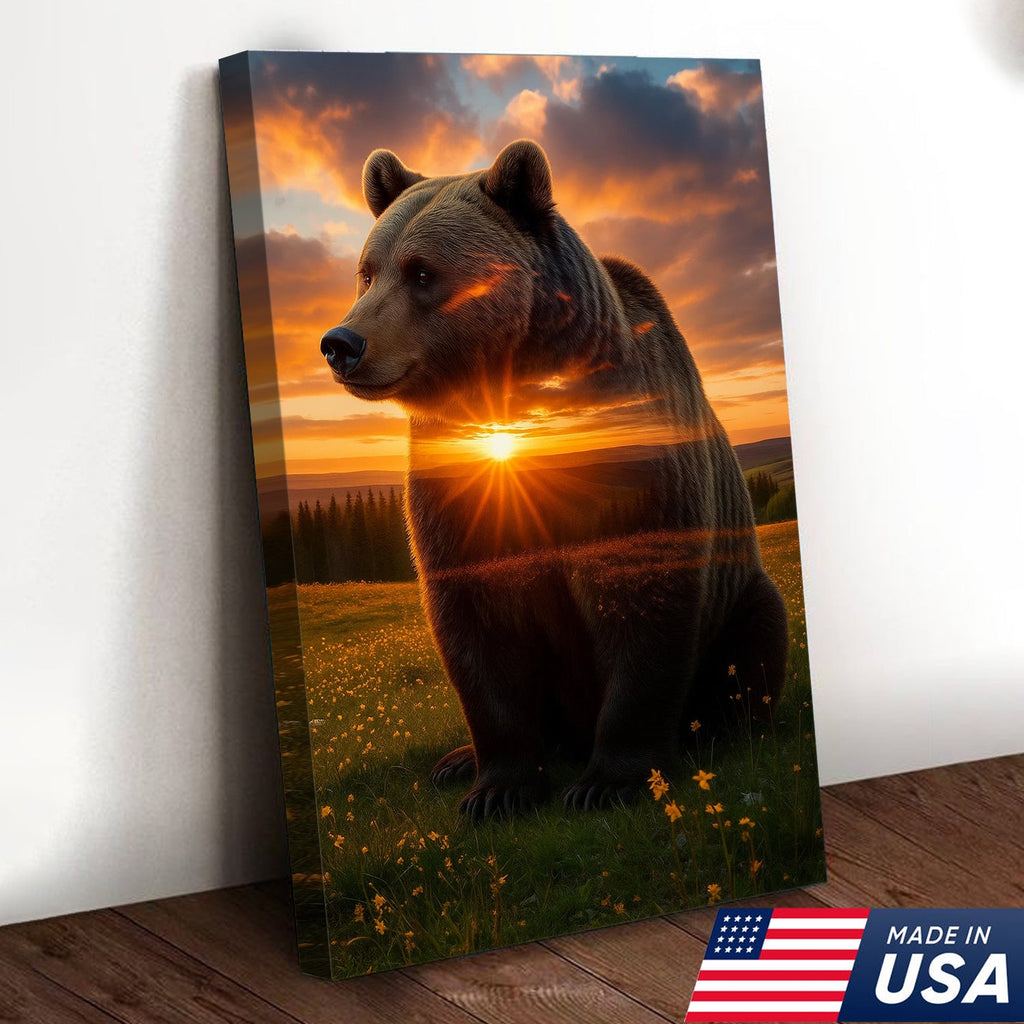Sunset Bear Canvas Wall Art, Majestic Brown Bear Nature Landscape Print
