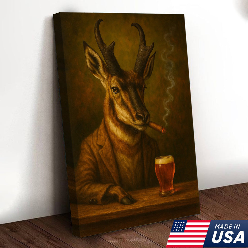 Funny Antelope Smoking & Beer Glass Canvas Wall Art - Hunting Perfect Gift for Hunters