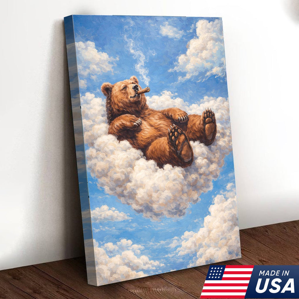 Relaxed Bear on Cloud Canvas Wall Art, Whimsical Animal Fantasy Illustration