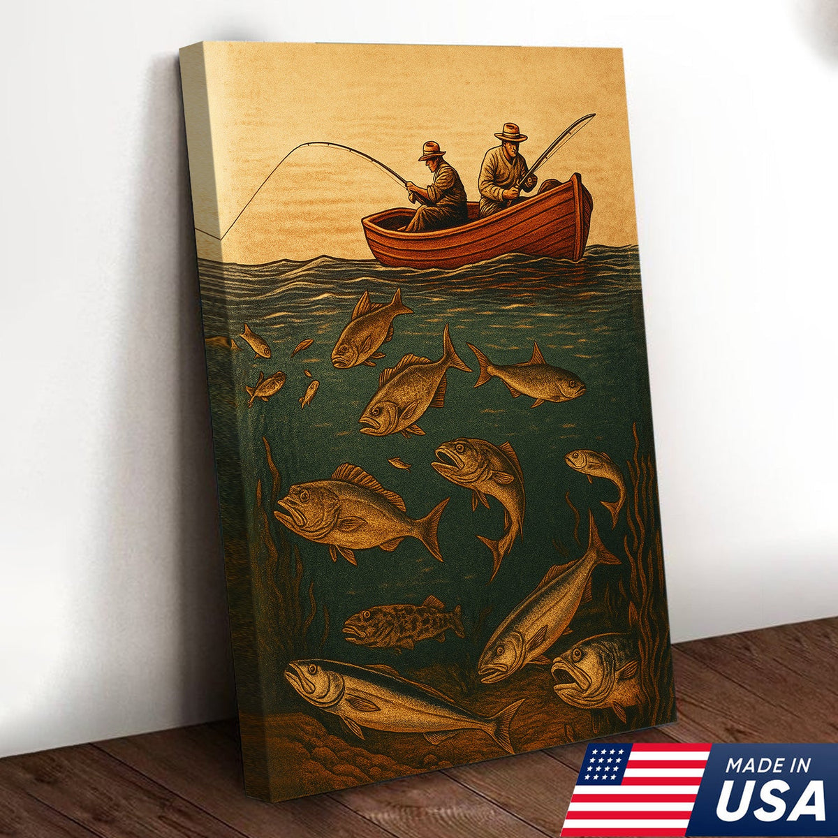 Vintage Fishermen Woodcut Wall Art – Retro Fishing Canvas Print