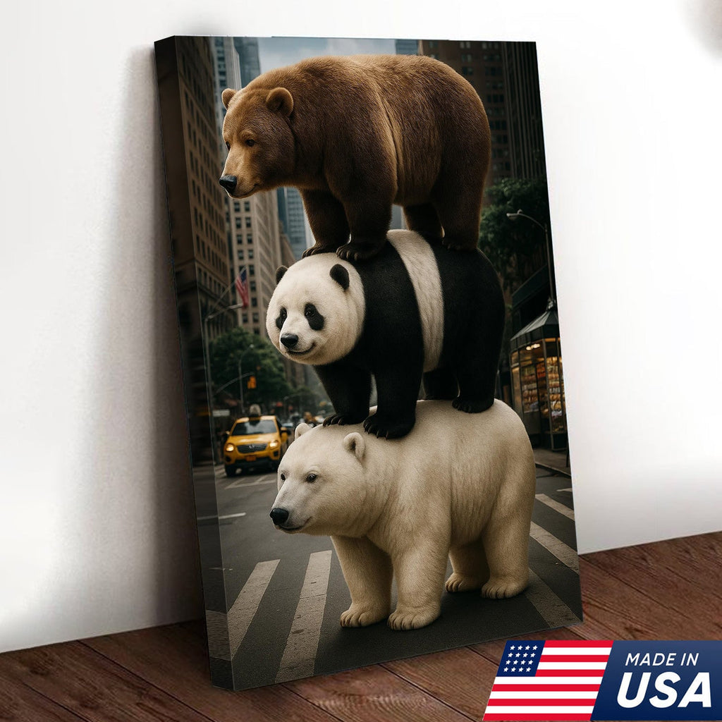Bear Stack Canvas Wall Art, Cute Polar Panda Brown Bear in City Street Print