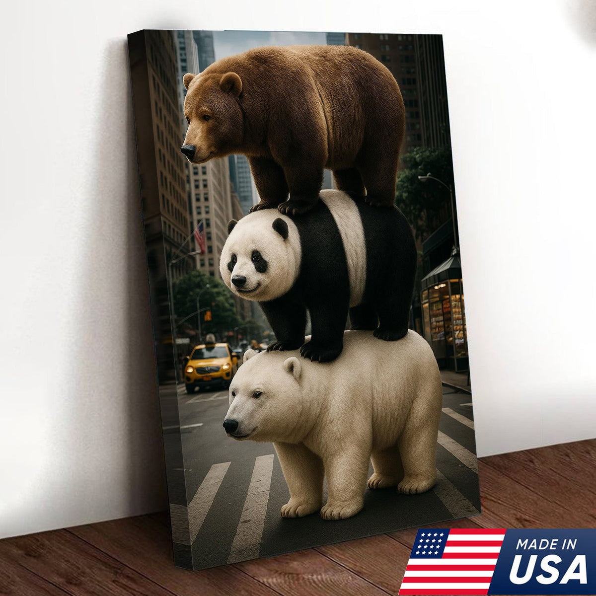 Bear Stack Canvas Wall Art, Cute Polar Panda Brown Bear in City Street Print