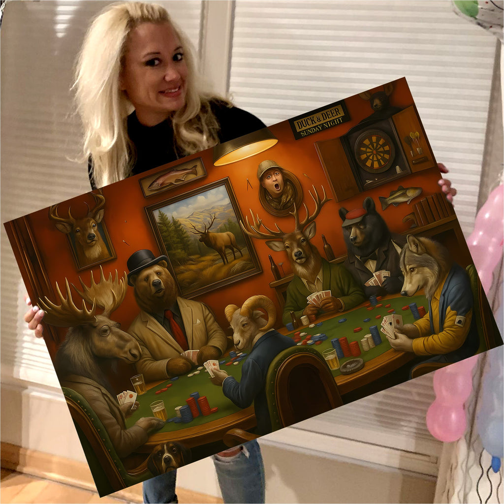 Animals Playing Poker Canvas Wall Art, Woodland Lodge Game Room Decor