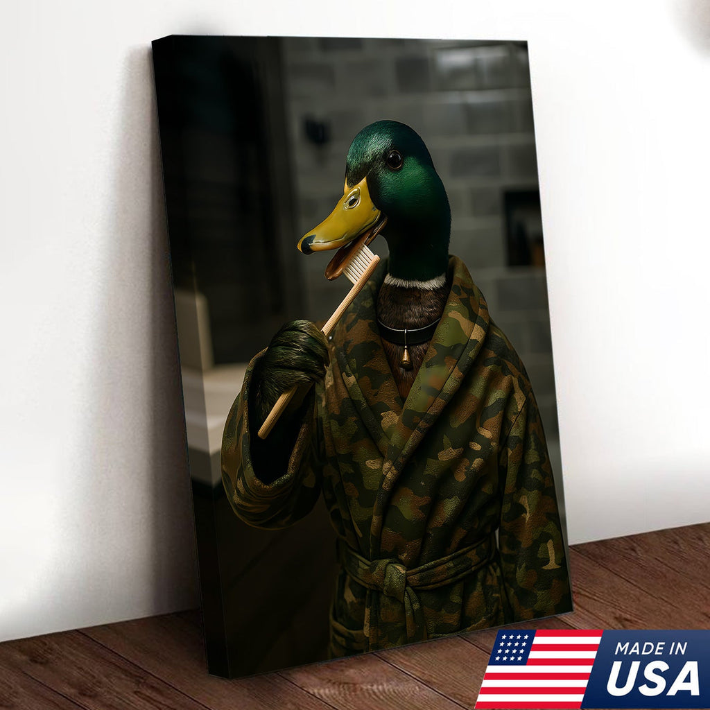 Funny Duck Brushing Teeth Canvas – Bathroom Wall Art for Men, Morning Routine Humor Decor