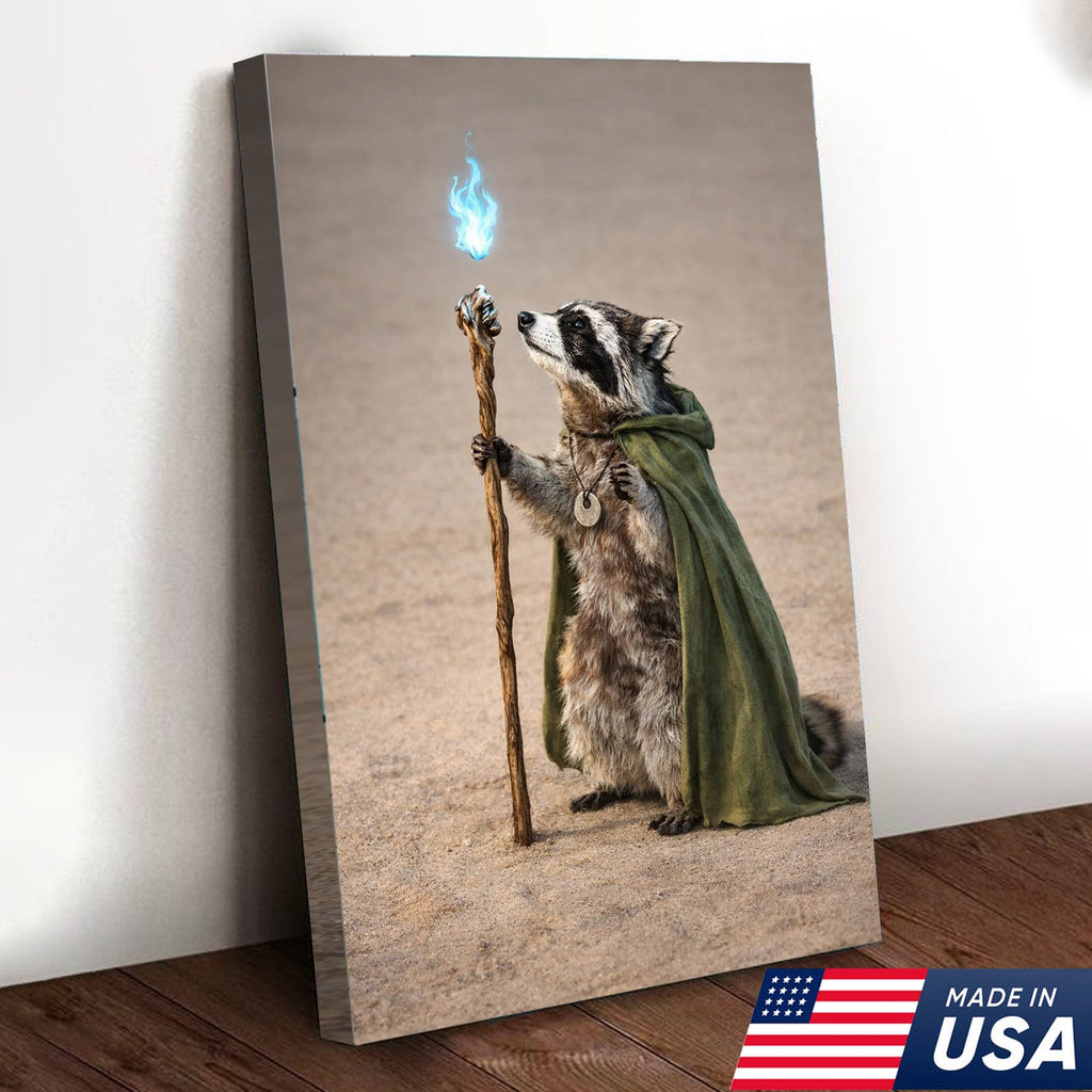 Wizard Raccoon Wall Art Canvas Print, Fantasy Animal Magic Illustration