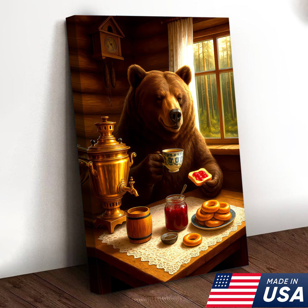 Relaxed Bear Having Tea Canvas Wall Art – Rustic Decor Funny Cozy Animal Canvas Art
