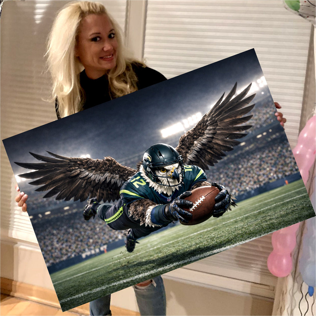 Soaring Eagle Football Canvas Wall Art – Winged Athlete Diving Catch Stadium Print