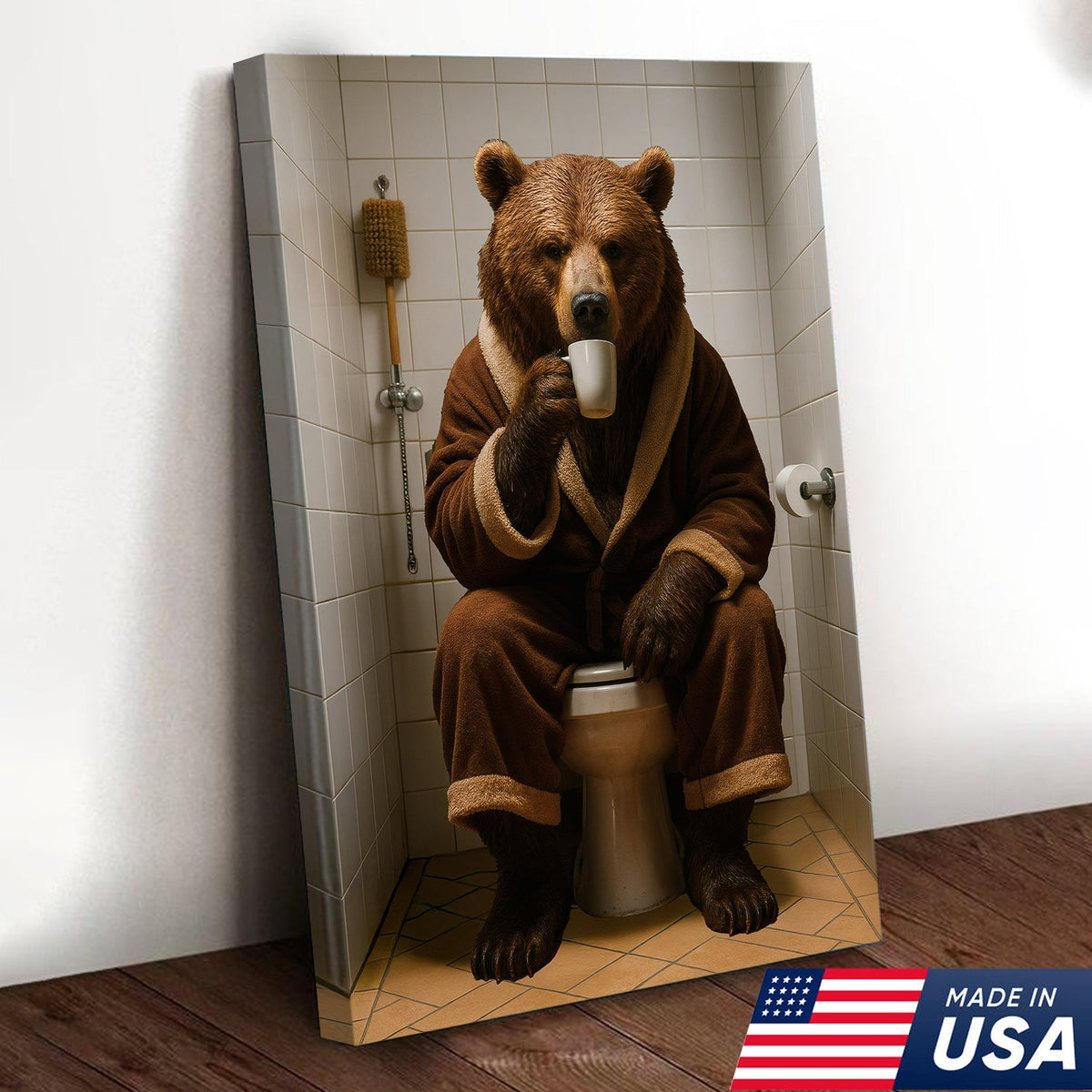 Hilarious Bear Toilet Canvas Wall Art – Morning Coffee, Quirky Bathroom Humor