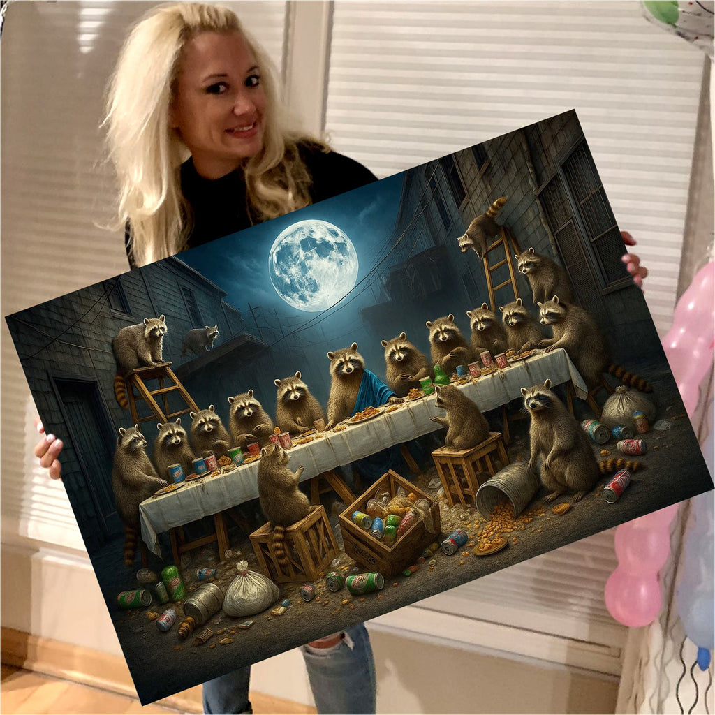 Raccoon Last Supper Canvas Art – Funny Moonlit Trash Raccoon Feast