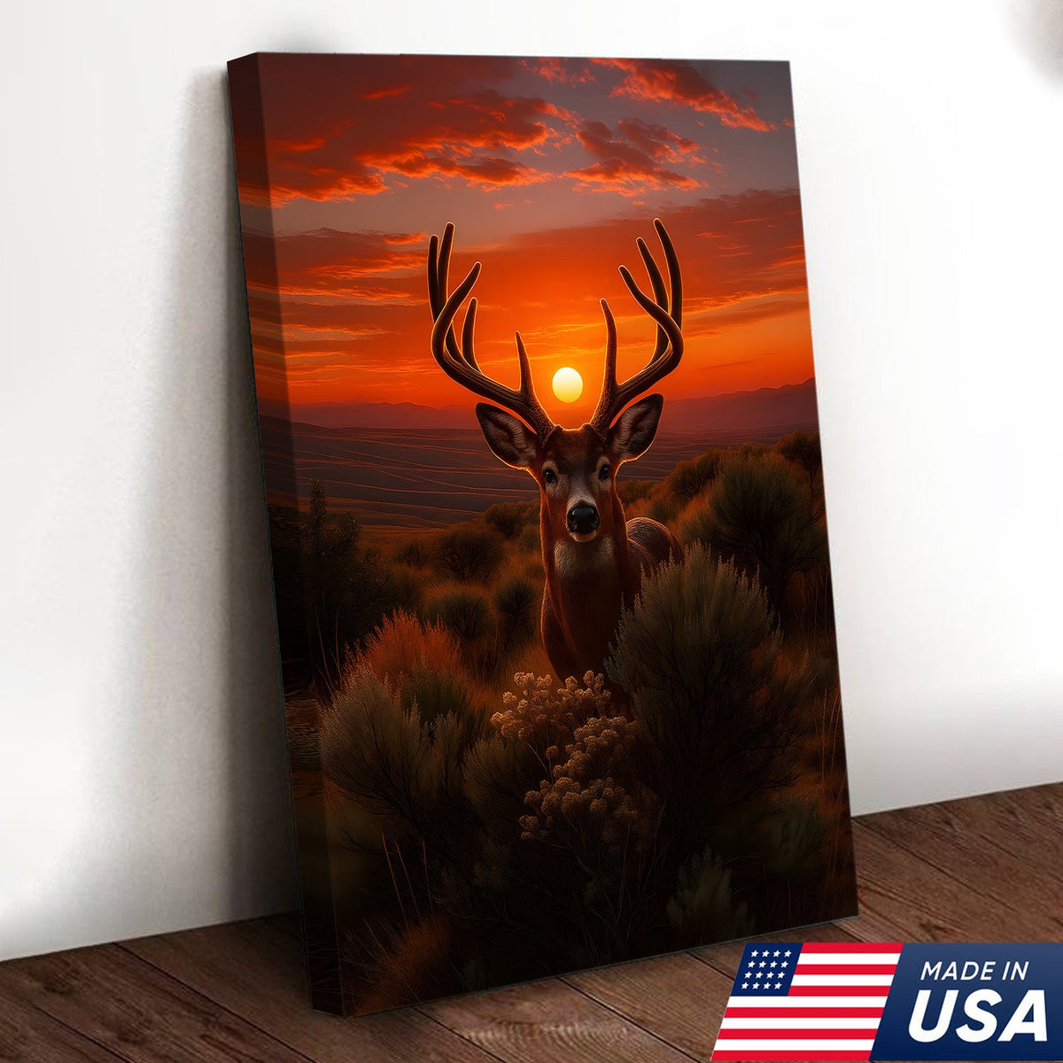 Deer Sunset Canvas Wall Art, Majestic Buck Silhouette in Orange Sky