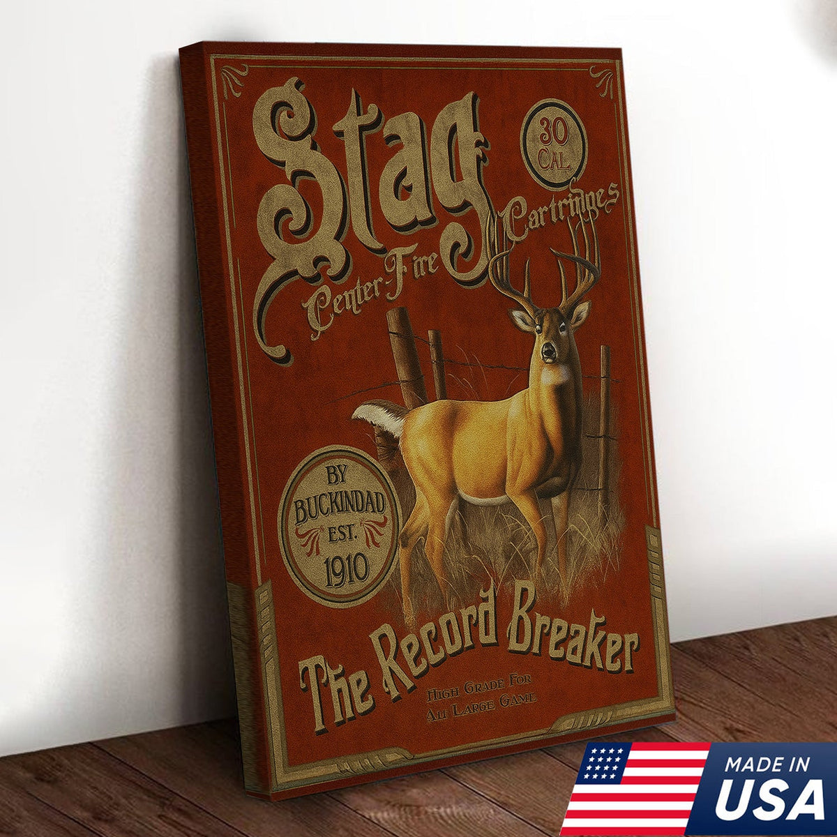 Vintage Stag Hunting Sign Canvas – “The Record Breaker” Deer Canvas Wall Art, Rustic Lodge Cabin Decor