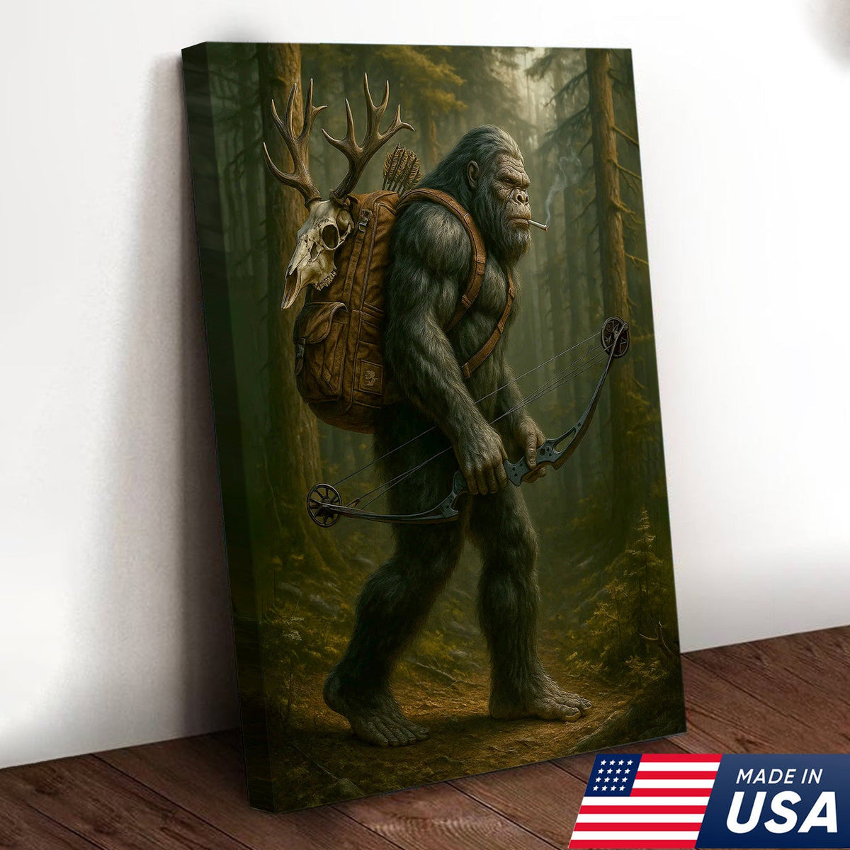 Bigfoot Hunter Canvas, Forest Archery Wall Art, Rustic Woodland Decor for Outdoor Adventure Lovers