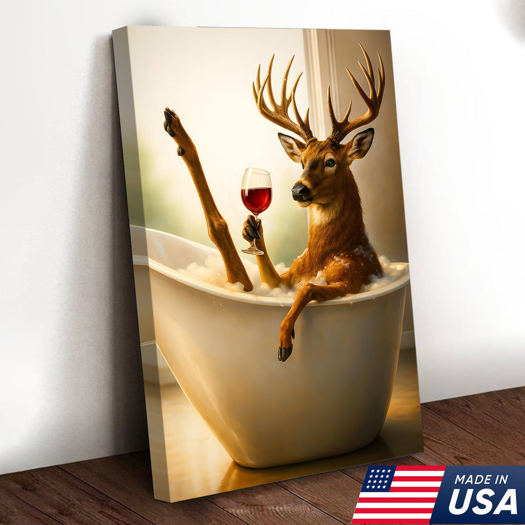 Relaxing Deer in Bathtub Funny Wall Art – Unique Gift for Hunters, Rustic Cabin Decor Canvas