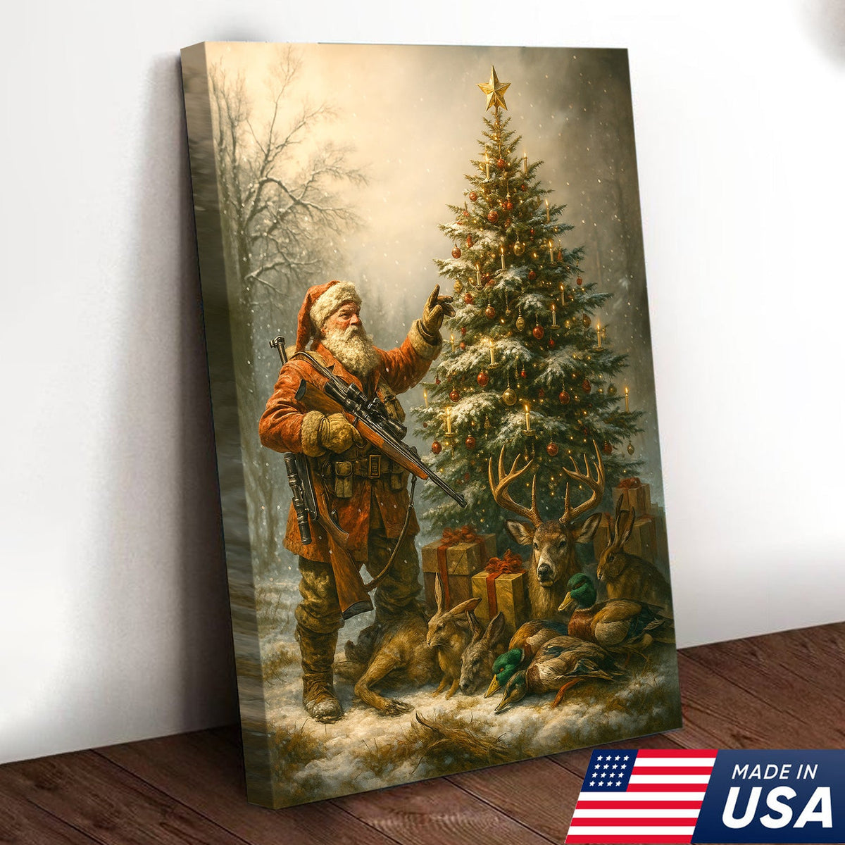 Santa Hunter Christmas Wall Art – Rustic Holiday Canvas for Cabin, Farmhouse & Hunter Decor