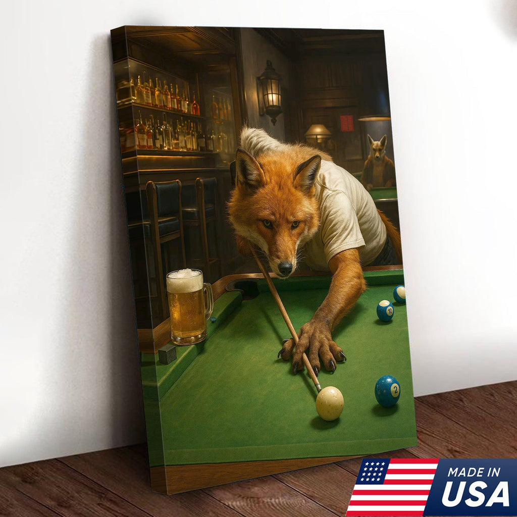 Fox Playing Pool Canvas Wall Art, Funny Billiards Room Decor, Game Room & Pool Hall Gift