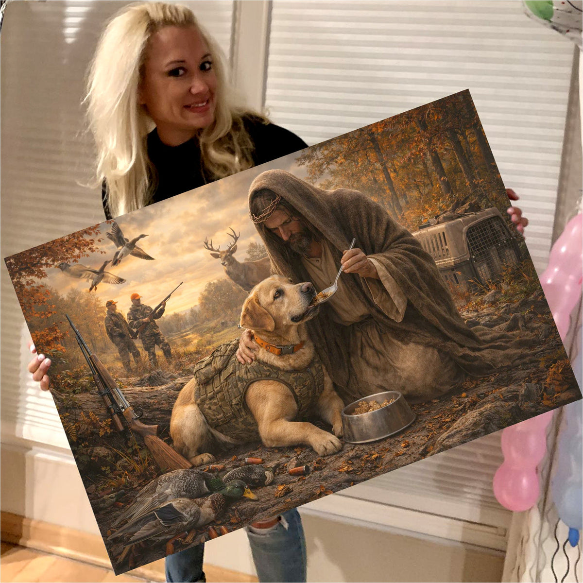Jesus Hunting Dog Canvas, Christian Hunter Wall Art, Faith Outdoor Decor