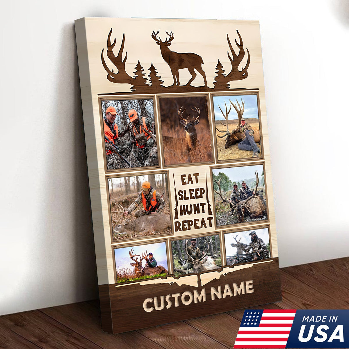 Personalized Hunting Photo Collage Canvas, Deer Antler Wall Art, Custom Hunter Gift