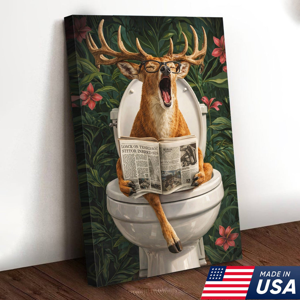 Funny Deer Toilet Canvas Wall Art – Humorous Animal Bathroom Decor with Newspaper