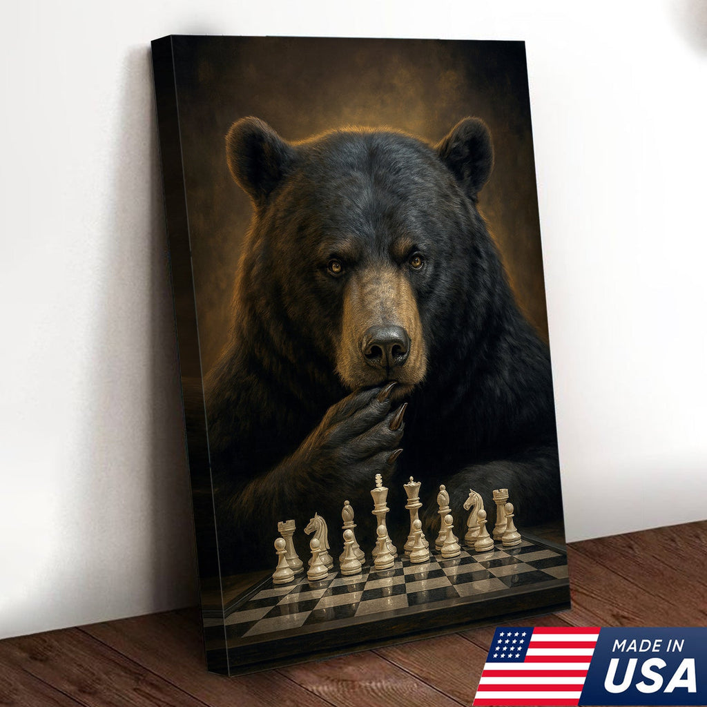 Chess Master Bear Wall Art Canvas – Strategic Bear Canvas Print for Man Cave & Smart Decor