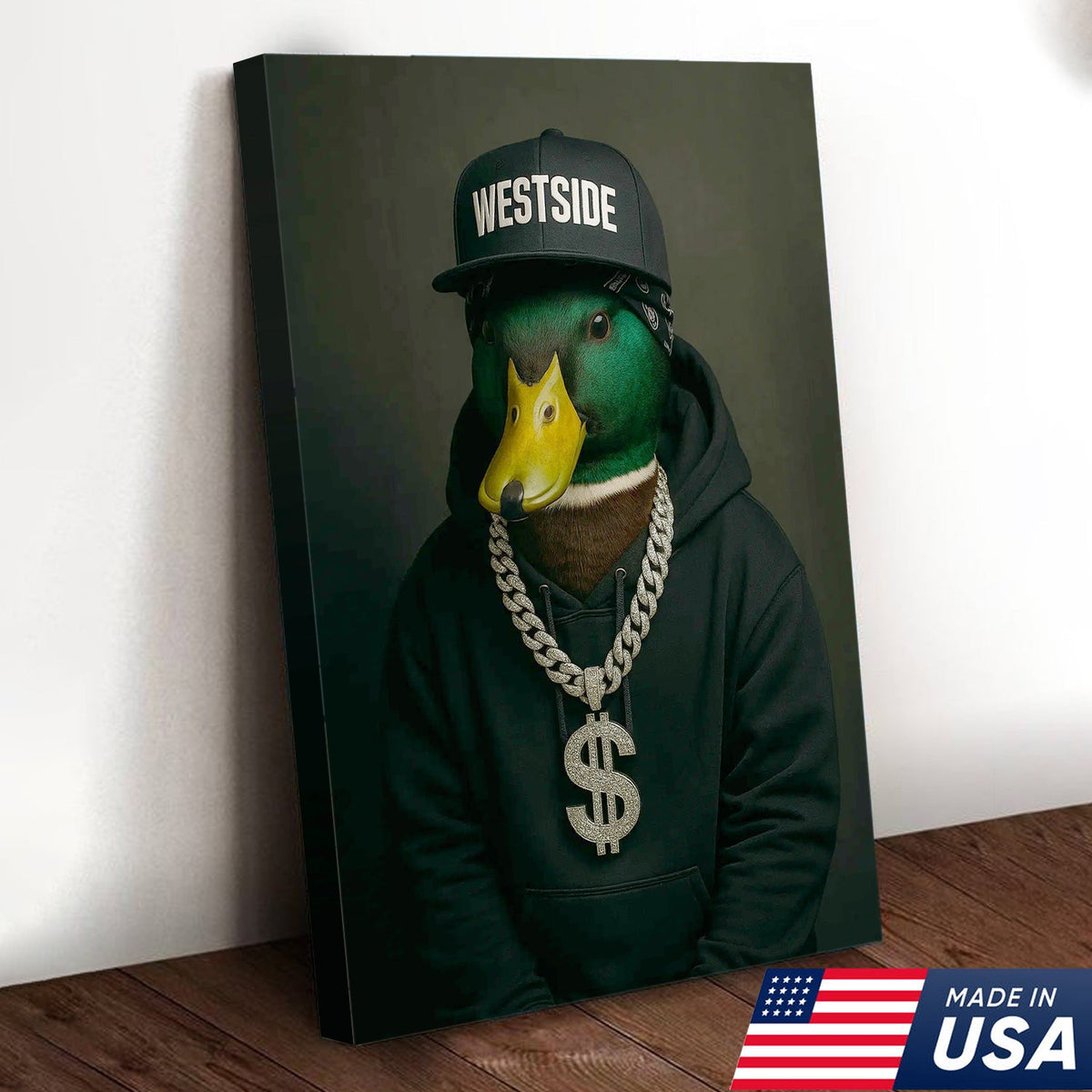Gangster Duck Canvas Wall Art – Funny Animal Portrait, Hip Hop Duck Decor