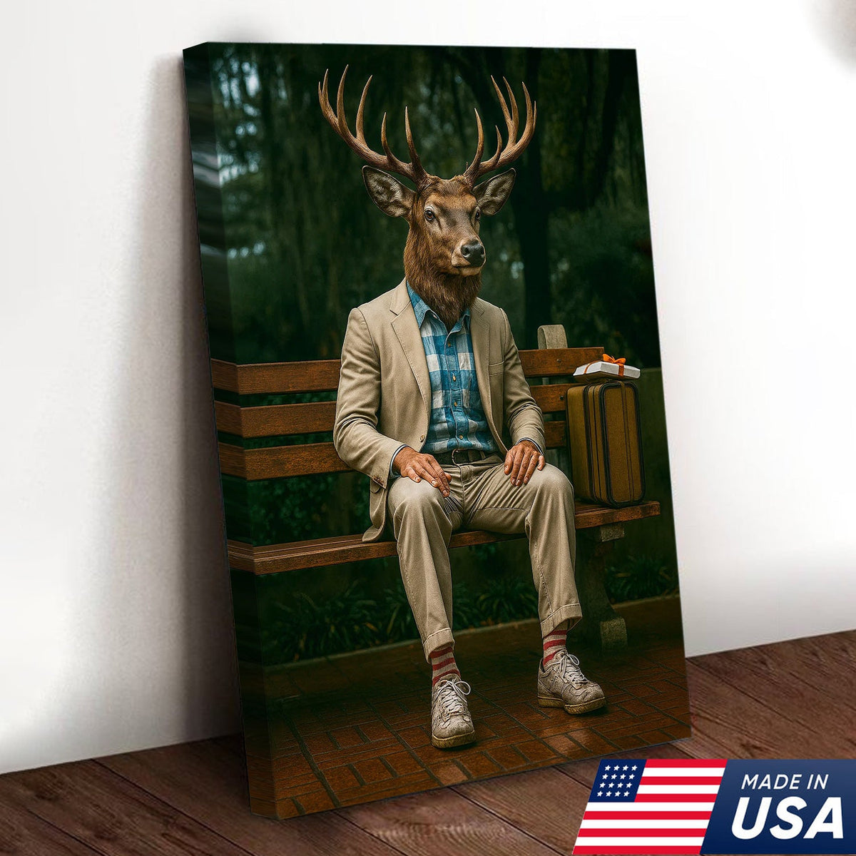 Funny Deer Canvas Wall Art – Buck Sitting on Bench – Whitetail Deer Hunting Lodge Decor