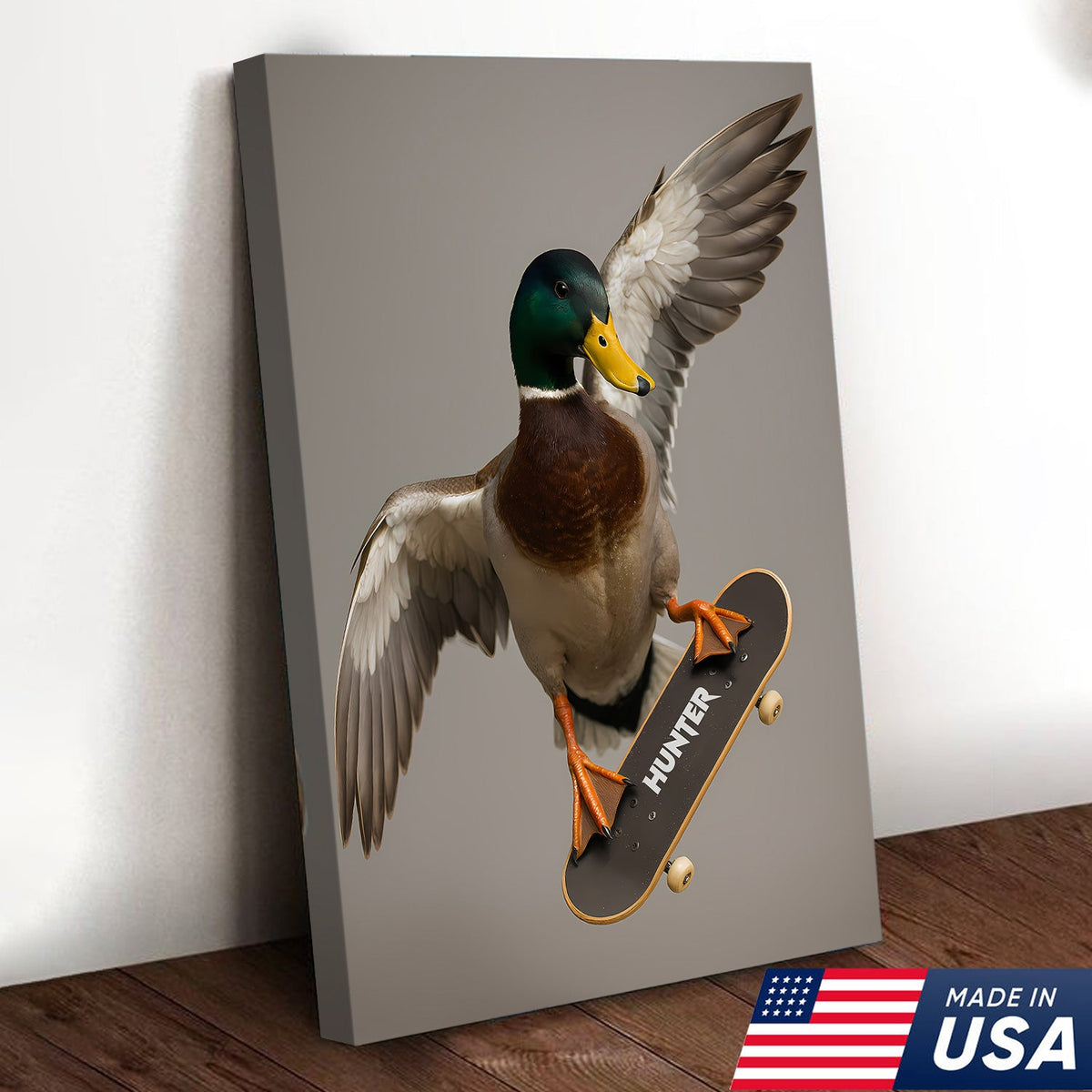Funny Skater Duck Canvas, Cool Mallard Wall Art, Humorous Bird Lover Decor for Man Cave