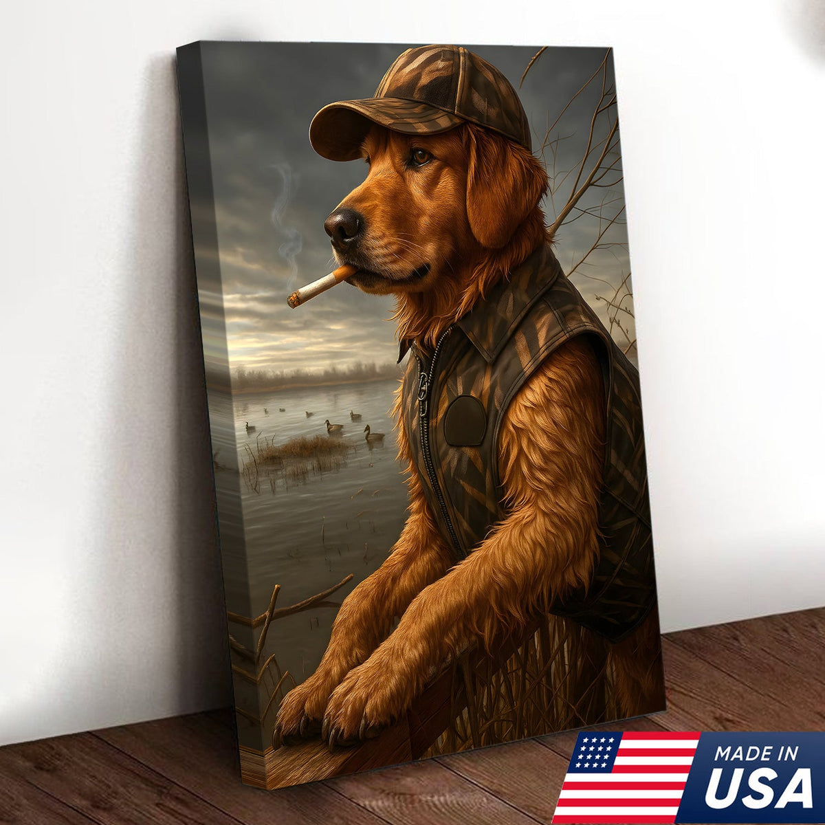 Golden Retriever Hunting Dog Canvas Wall Art, Duck Hunter Lab in Camo Vest