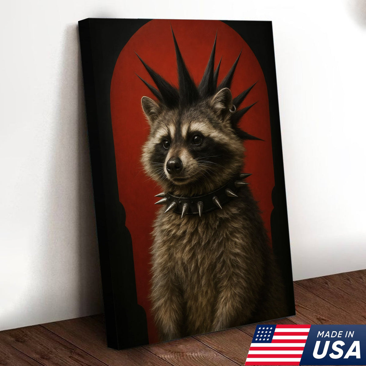 Punk Raccoon Canvas Wall Art, Spiked Mohawk Animal Portrait, Gothic Aesthetic Room Decor