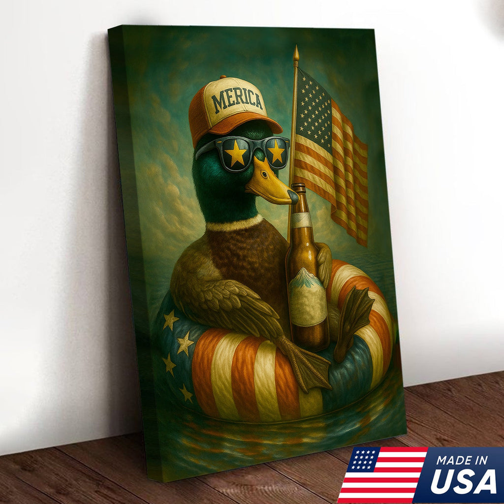 Funny Patriotic Duck Canvas Wall Art – Rustic American Flag Decor Gift for Hunters & Beer Lovers
