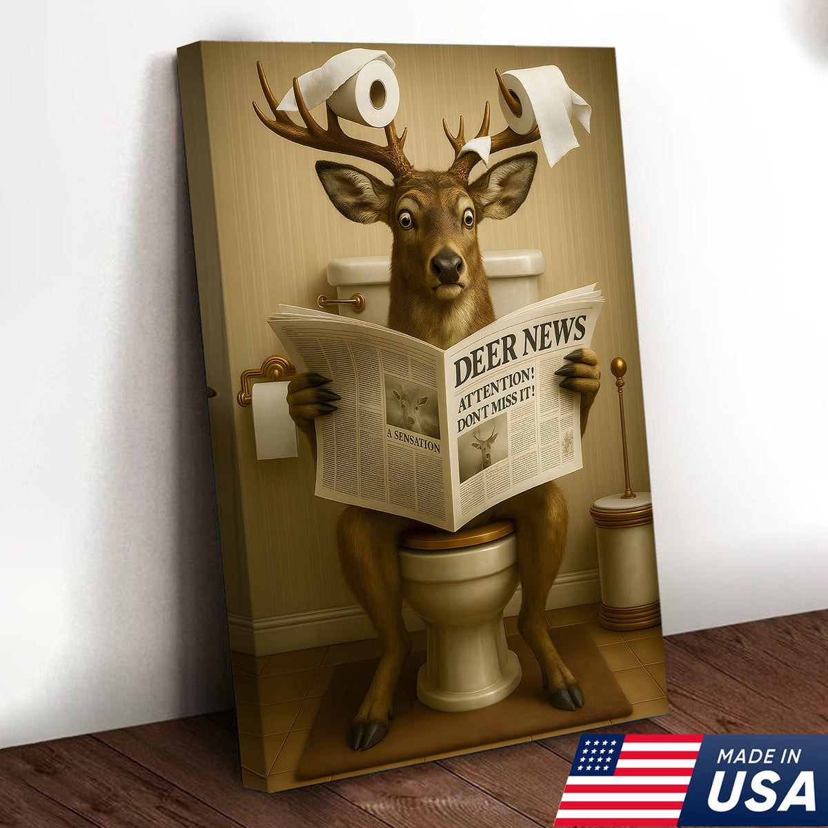 Funny Deer Bathroom Canvas – “Deer News” Toilet Wall Art for Hunters, Cabin, or Man Cave Decor