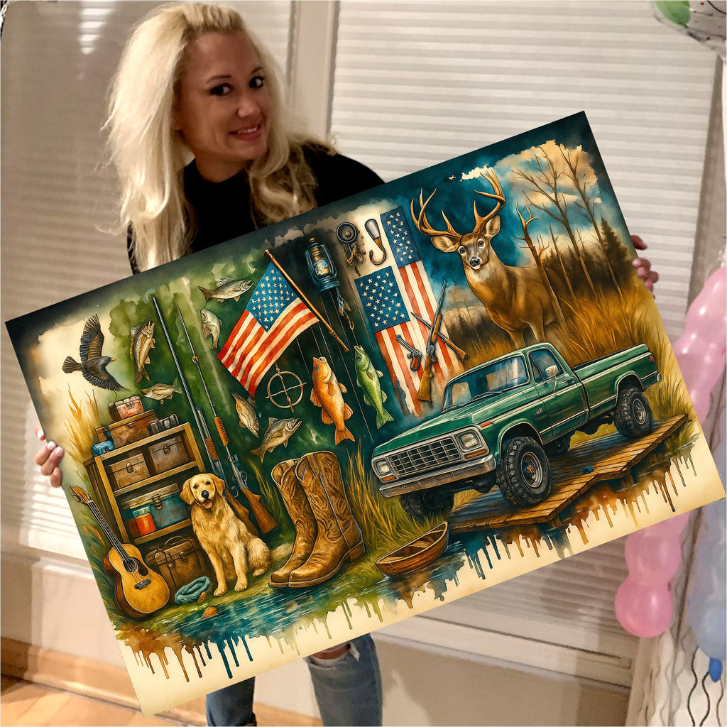 Country Boy Canvas Wall Art, Rustic Hunting and Fishing Scene with Truck, Dog, Deer, and American Flag