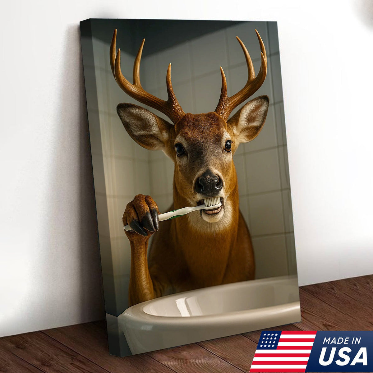 Deer Canvas Wall Art – Funny Buck Brushing Teeth Unique Bathroom Decor for Hunters