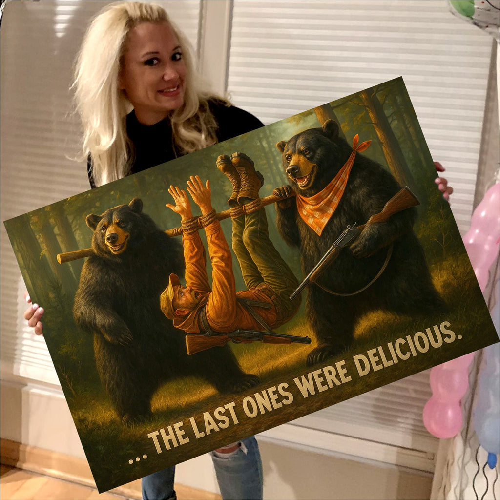 Funny Bear Hunting Canvas Wall Art - Hilarious Wilderness Scene with Hunter - Rustic Cabin and Lodge Decor
