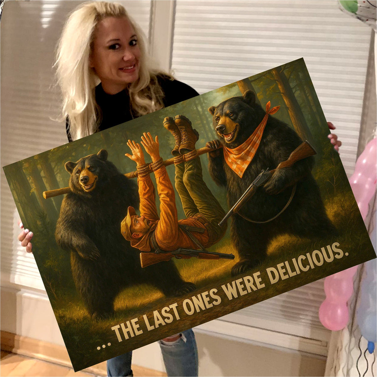 Funny Bear Hunting Canvas Wall Art - Hilarious Wilderness Scene with Hunter - Rustic Cabin and Lodge Decor