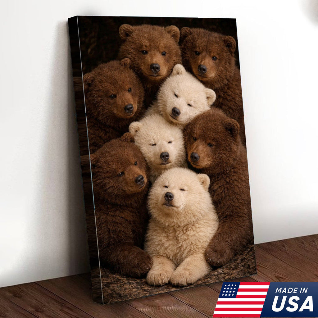 Cute Bear Cubs Canvas Wall Art, Brown and White Bear Family Portrait