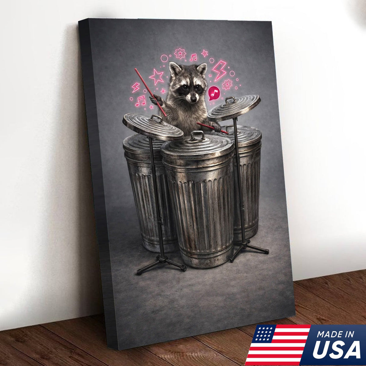 Funny Drummer Raccoon Wall Art Canvas Print, Music Lover Animal Illustration