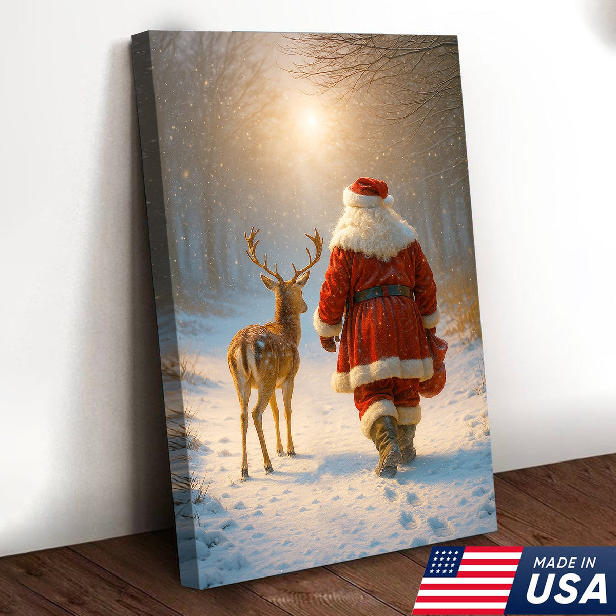 Santa and Deer Christmas Canvas Wall Art – Cozy Winter Forest Decor, Holiday Gifts for Home Lovers