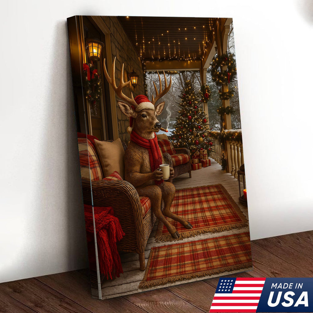 Christmas Deer Porch Canvas Wall Art, Cozy Cabin Reindeer With Scarf Holiday Print