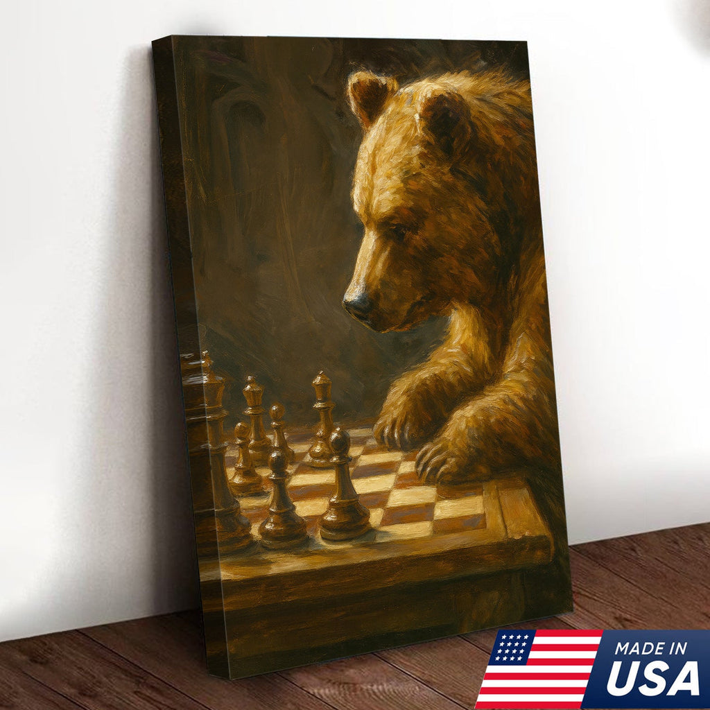 Rustic Bear Playing Chess Canvas Wall Art for Hunting Cabin or Lodge Decor, Wildlife Gift Idea