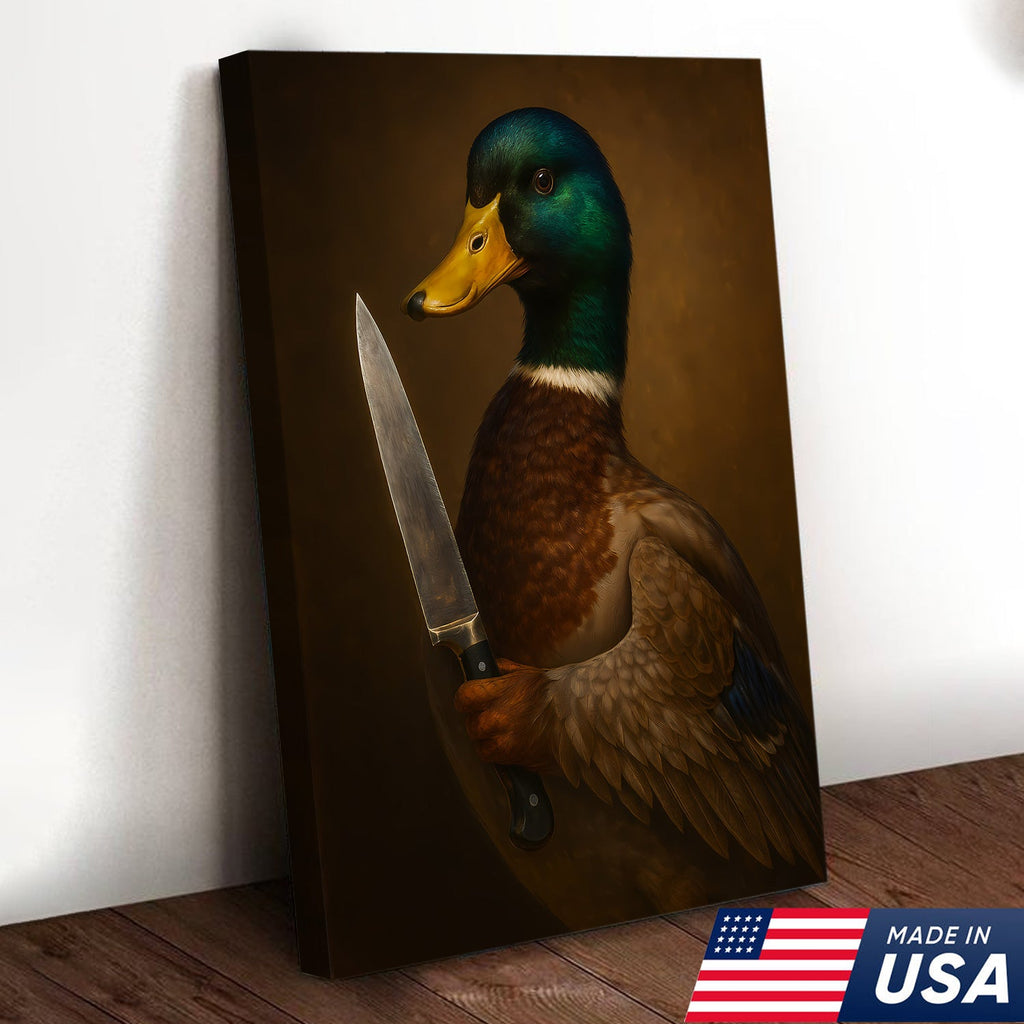 Funny Duck With Knife Wall Art – Mallard Portrait Painting, Dark Humor Animal Canvas