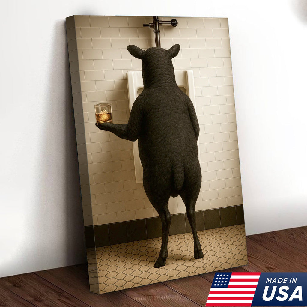 Funny Black Sheep Bathroom Wall Art, Drinking Sheep Humor Canvas Print