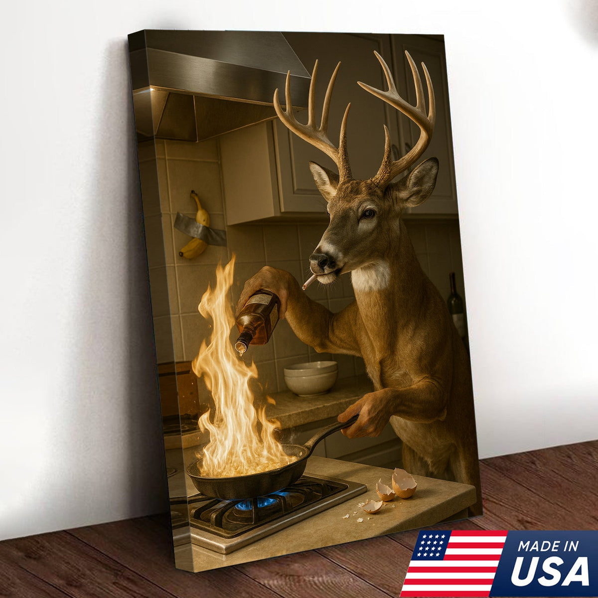 Funny Deer Cooking Canvas, Hilarious Buck Chef Wall Art, Rustic Humor Decor for Cabin