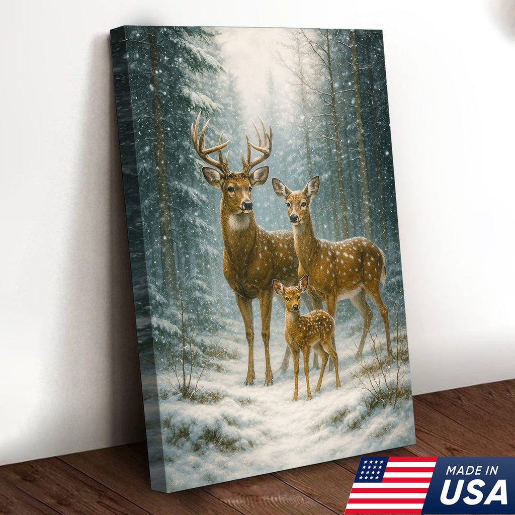 Deer Family Winter Forest Wall Art Canvas – Christmas Wildlife Gift for Nature Lovers & Cabin Homes