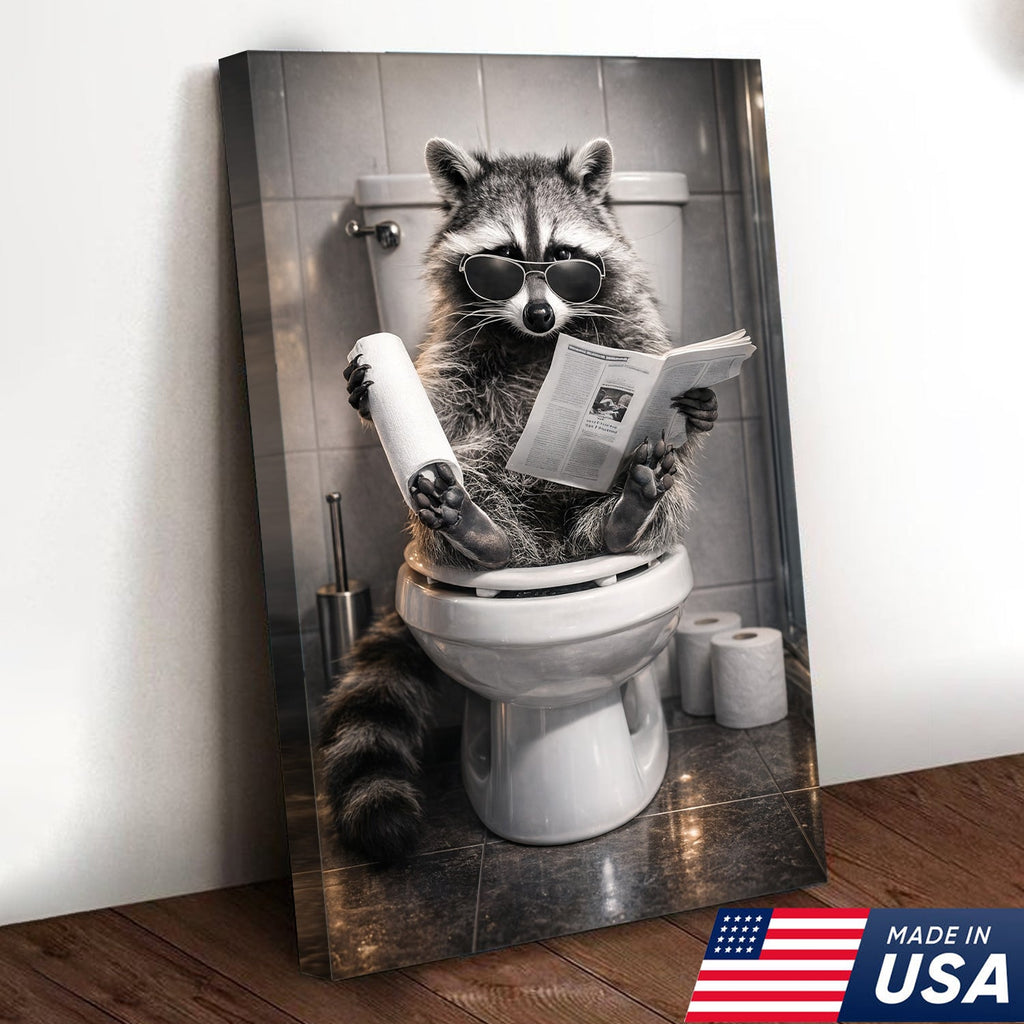 Raccoon Bathroom Humor Canvas – Funny Toilet Reading Wall Art for Restroom Decor